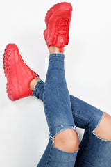 Red PU Lace Up Sole Detail Trainers - Lennix