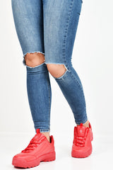 Red PU Lace Up Sole Detail Trainers - Lennix