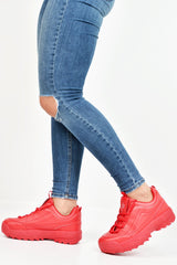 Red PU Lace Up Sole Detail Trainers - Lennix