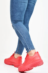Red PU Lace Up Sole Detail Trainers - Lennix