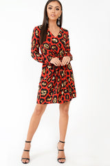 Red Leopard Wrap Belted Dress - Keniah