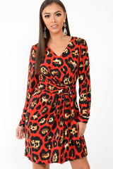 Red Leopard Wrap Belted Dress - Keniah