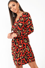 Red Leopard Wrap Belted Dress - Keniah