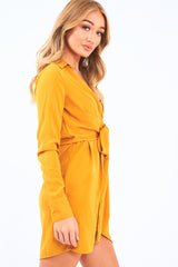 Mustard Tie Front Plunge Wrap Shirt Dress - Bexlee