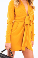 Mustard Tie Front Plunge Wrap Shirt Dress - Bexlee