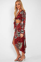Red Leopard Mix Print Split Front Midi Skirt - Valera