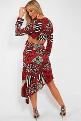 Red Leopard Mix Print Split Front Midi Skirt - Valera