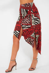 Red Leopard Mix Print Split Front Midi Skirt - Valera