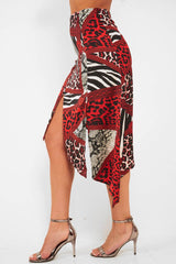 Red Leopard Mix Print Split Front Midi Skirt - Valera