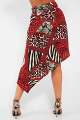 Red Leopard Mix Print Split Front Midi Skirt - Valera