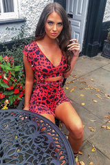 Red Leopard Print Ruffle Crop Top And Shorts Co-Ord - Liylah