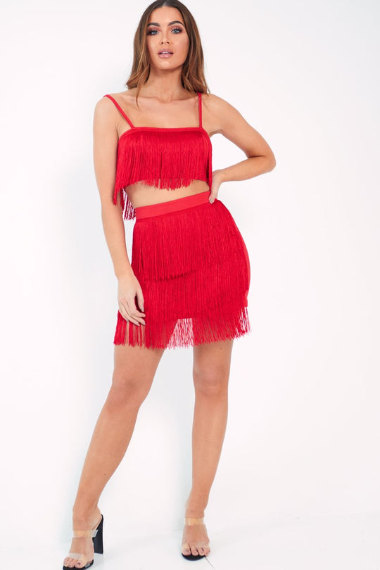 Red Fringe Crop Top Skirt Co-Ord - Lyela