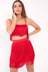 Red Fringe Crop Top Skirt Co-Ord - Lyela