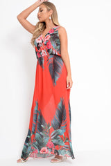 Red Chiffon Leaf Print Plunge Maxi Dress - Marlin