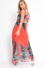 Red Chiffon Leaf Print Plunge Maxi Dress - Marlin