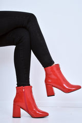 Red Patent Zip Front Ring Pull Block Heel Boots - Mischa