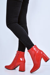 Red Patent Zip Front Ring Pull Block Heel Boots - Mischa