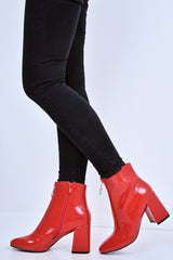 Red Patent Zip Front Ring Pull Block Heel Boots - Mischa