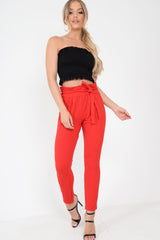 Red Paper Bag Tie Waist Cigarette Trousers - Karmen