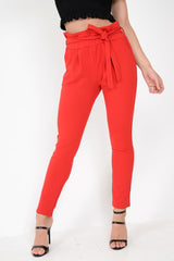 Red Paper Bag Tie Waist Cigarette Trousers - Karmen