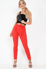Red Paper Bag Tie Waist Cigarette Trousers - Karmen