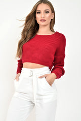 Red Chunky Knit V Back Crop Jumper - Priscilla