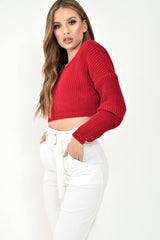 Red Chunky Knit V Back Crop Jumper - Priscilla