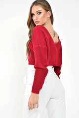 Red Chunky Knit V Back Crop Jumper - Priscilla