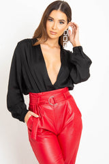Black Chiffon Plunge Blouson Sleeve Bodysuit - Liah