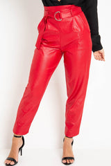 Red Coated Belted Tapered Trousers - Reyna