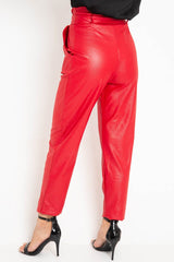 Red Coated Belted Tapered Trousers - Reyna