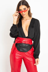 Black Chiffon Plunge Blouson Sleeve Bodysuit - Liah