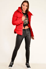 Red Fur Lined Ring Pull Puffer Coat - Riko