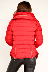 Red Fur Lined Ring Pull Puffer Coat - Riko