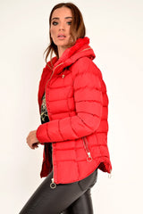 Red Fur Lined Ring Pull Puffer Coat - Riko
