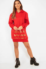 Red Gold New York Slogan Hoodie Dress - Sophira
