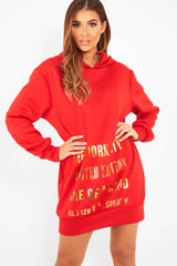 Red Gold New York Slogan Hoodie Dress - Sophira