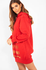 Red Gold New York Slogan Hoodie Dress - Sophira