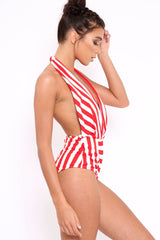 Red and White Stripe Halterneck Swimsuit - Cidney