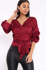 Wine Satin Ruffle Sleeve Wrapover Top - Susie