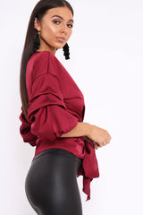 Wine Satin Ruffle Sleeve Wrapover Top - Susie