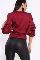 Wine Satin Ruffle Sleeve Wrapover Top - Susie