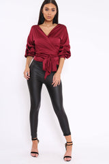 Wine Satin Ruffle Sleeve Wrapover Top - Susie