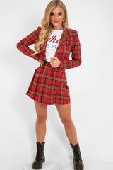 Red Tartan Crop Blazer Pleated Skirt Co-Ord - Holly