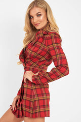 Red Tartan Crop Blazer Pleated Skirt Co-Ord - Holly