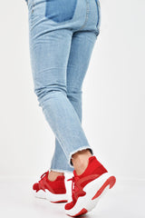 Red Lace Up Glitter Mesh Trainers - Tasmina