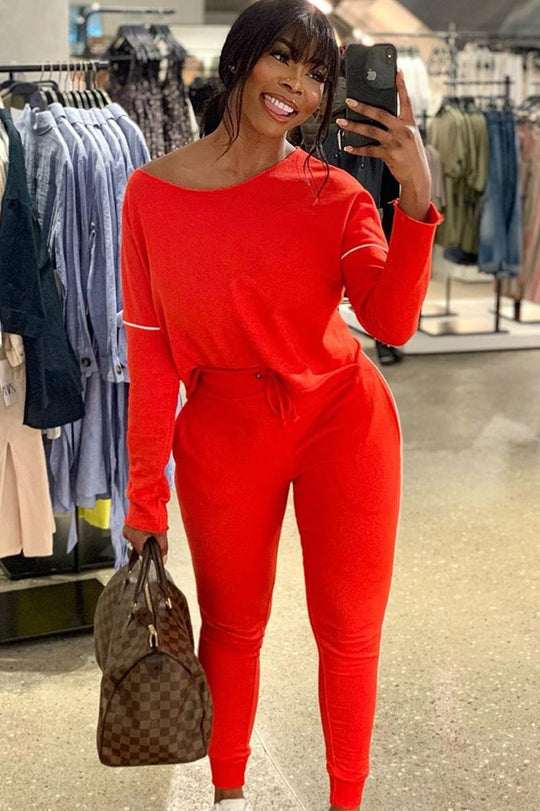 Red White Detail Line Sweatshirt and Jogger Set - Shealee