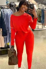 Red White Detail Line Sweatshirt and Jogger Set - Shealee