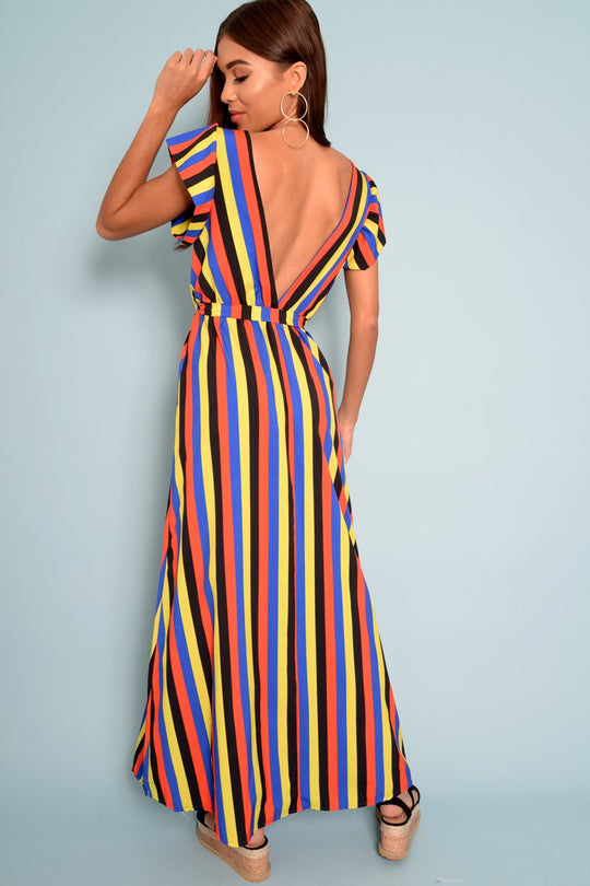 Multi Colour Plunge Wrap Belted Maxi Dress - Carri