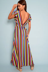 Multi Colour Plunge Wrap Belted Maxi Dress - Carri